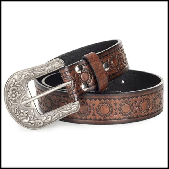 Vintage Western Belt Carved Buckle PU Leather Waist Accessory Chic Retro - Picture 7 of 7